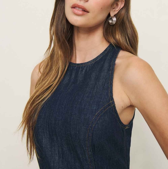 Reformation Pippa Sleeveless Denim Midi Dress Fit Flare A-Line Blue Liffey Wash - Picture 2 of 12
